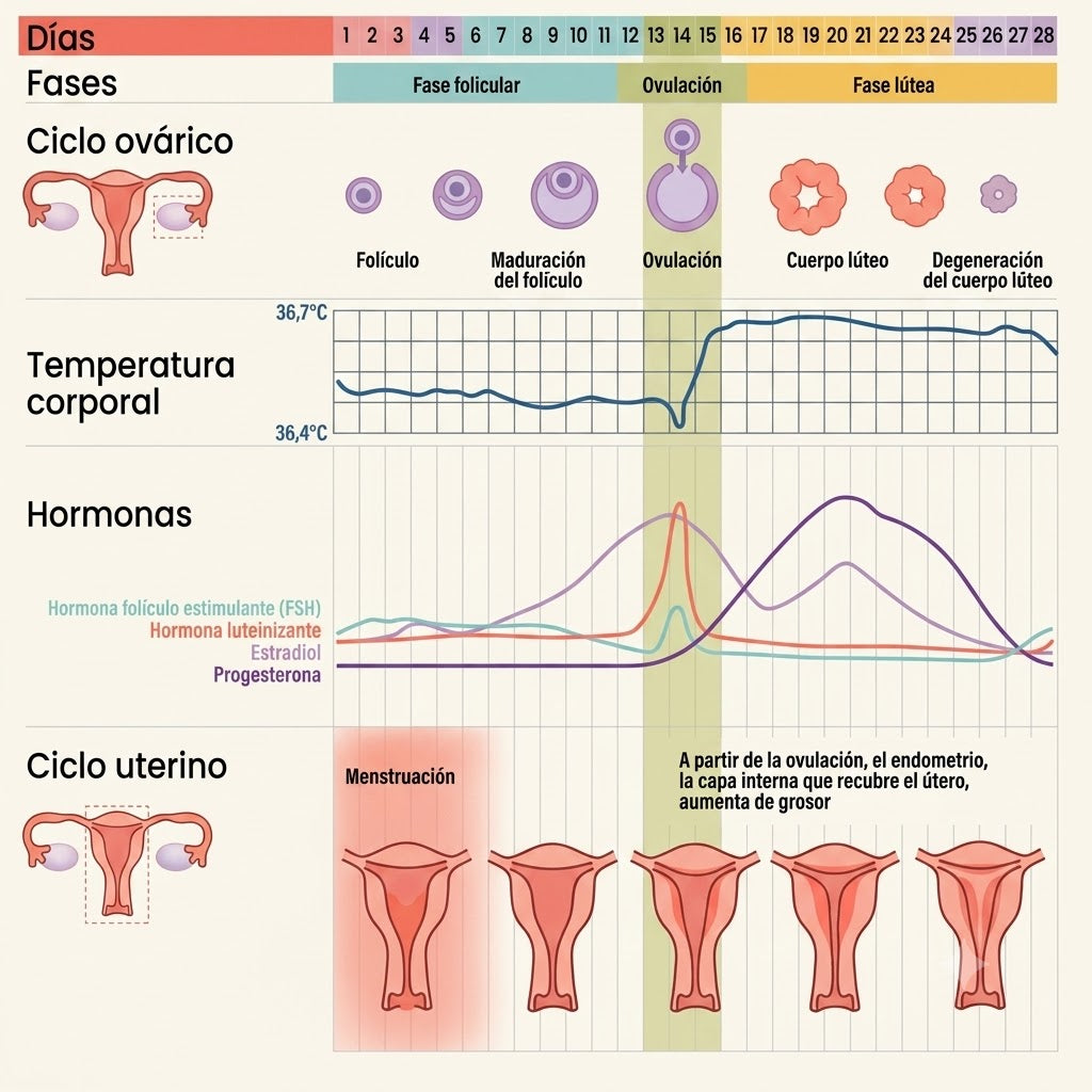 Gráfica de las 4 fases del ciclo hormonal menstrual: folicular, ovulatoria, lútea y menstrual
